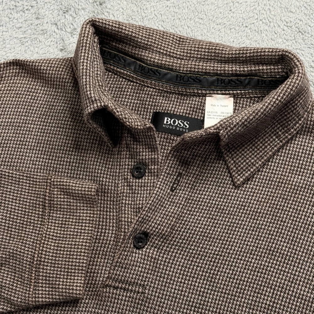 Hugo Boss Mens Swissair XV Long Sleeve Polo Shirt Brown Houndstooth Cotton XL
